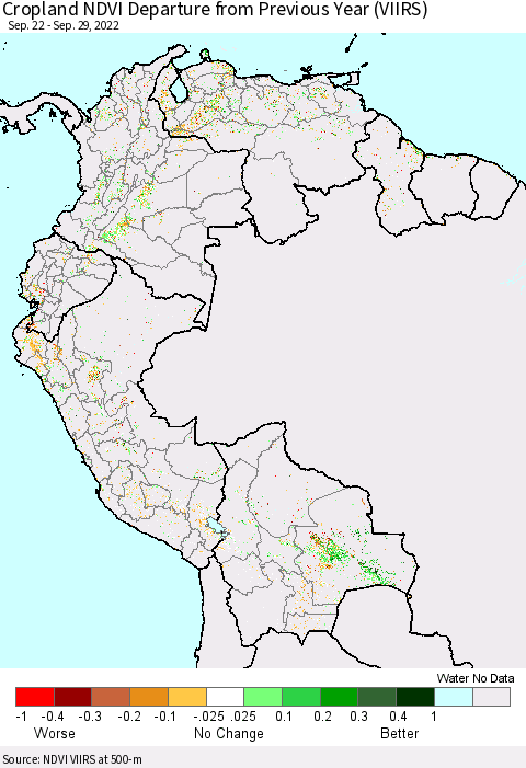 Northern South America Cropland NDVI Departure from Previous Year (VIIRS) Thematic Map For 9/22/2022 - 9/29/2022