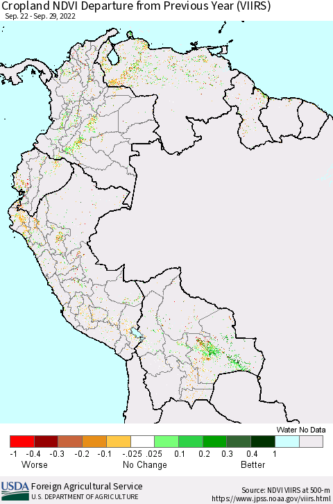 Northern South America Cropland NDVI Departure from Previous Year (VIIRS) Thematic Map For 9/21/2022 - 9/30/2022