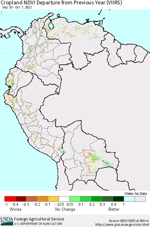 Northern South America Cropland NDVI Departure from Previous Year (VIIRS) Thematic Map For 10/1/2022 - 10/10/2022