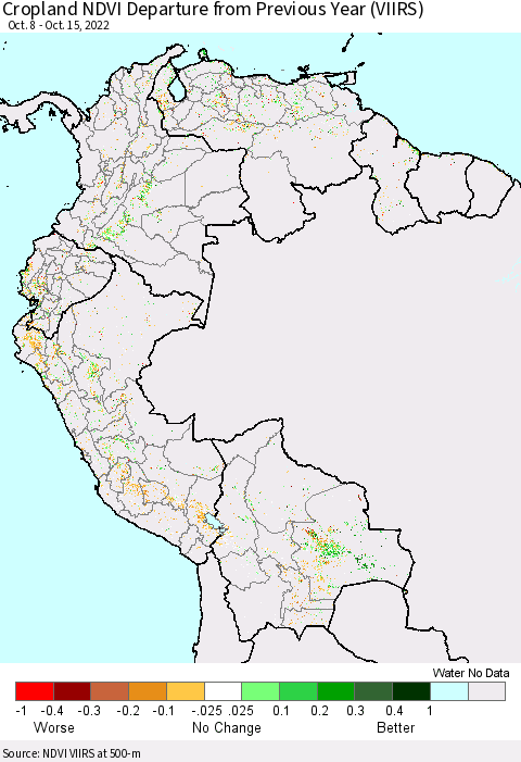 Northern South America Cropland NDVI Departure from Previous Year (VIIRS) Thematic Map For 10/8/2022 - 10/15/2022