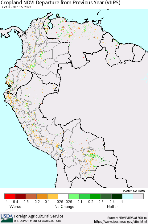 Northern South America Cropland NDVI Departure from Previous Year (VIIRS) Thematic Map For 10/11/2022 - 10/20/2022
