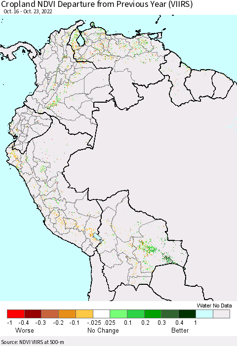 Northern South America Cropland NDVI Departure from Previous Year (VIIRS) Thematic Map For 10/16/2022 - 10/23/2022