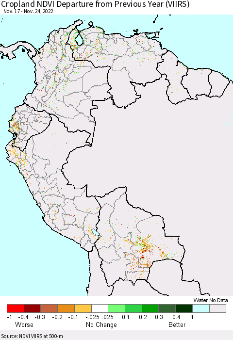 Northern South America Cropland NDVI Departure from Previous Year (VIIRS) Thematic Map For 11/17/2022 - 11/24/2022