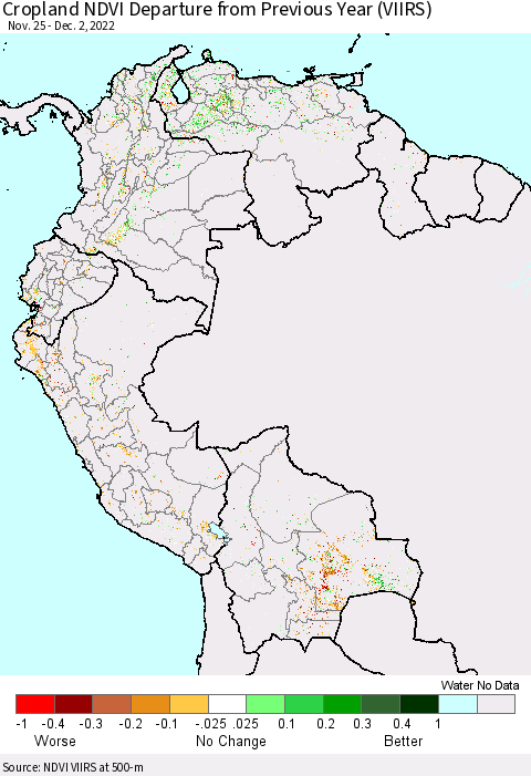 Northern South America Cropland NDVI Departure from Previous Year (VIIRS) Thematic Map For 11/25/2022 - 12/2/2022