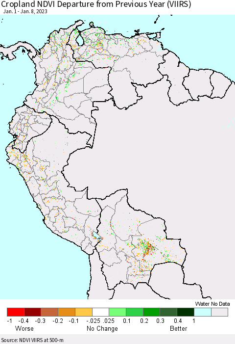 Northern South America Cropland NDVI Departure from Previous Year (VIIRS) Thematic Map For 1/1/2023 - 1/8/2023