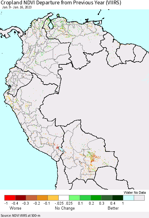 Northern South America Cropland NDVI Departure from Previous Year (VIIRS) Thematic Map For 1/9/2023 - 1/16/2023