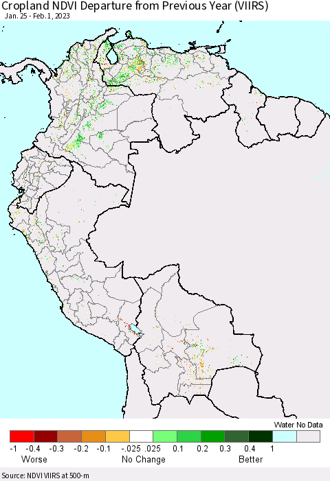 Northern South America Cropland NDVI Departure from Previous Year (VIIRS) Thematic Map For 1/25/2023 - 2/1/2023