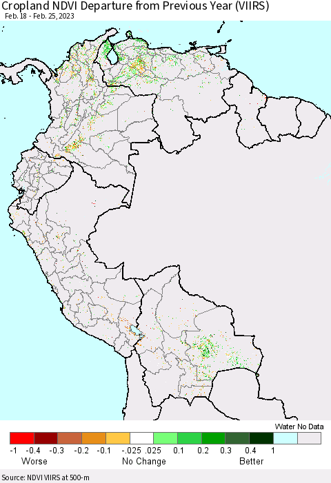 Northern South America Cropland NDVI Departure from Previous Year (VIIRS) Thematic Map For 2/18/2023 - 2/25/2023