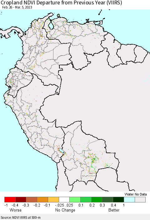 Northern South America Cropland NDVI Departure from Previous Year (VIIRS) Thematic Map For 2/26/2023 - 3/5/2023