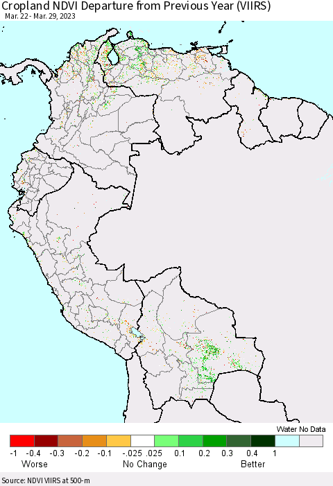 Northern South America Cropland NDVI Departure from Previous Year (VIIRS) Thematic Map For 3/22/2023 - 3/29/2023