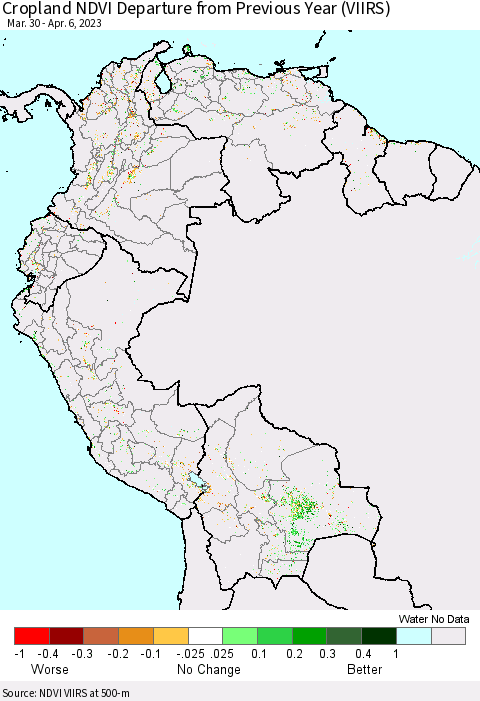 Northern South America Cropland NDVI Departure from Previous Year (VIIRS) Thematic Map For 3/30/2023 - 4/6/2023