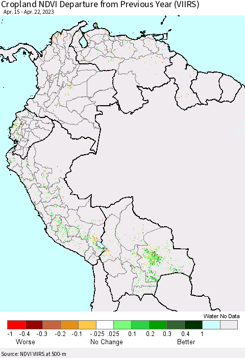 Northern South America Cropland NDVI Departure from Previous Year (VIIRS) Thematic Map For 4/15/2023 - 4/22/2023