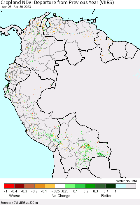 Northern South America Cropland NDVI Departure from Previous Year (VIIRS) Thematic Map For 4/21/2023 - 4/30/2023