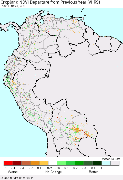 Northern South America Cropland NDVI Departure from Previous Year (VIIRS) Thematic Map For 11/1/2023 - 11/8/2023