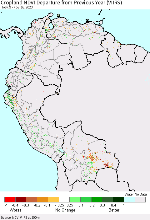 Northern South America Cropland NDVI Departure from Previous Year (VIIRS) Thematic Map For 11/9/2023 - 11/16/2023