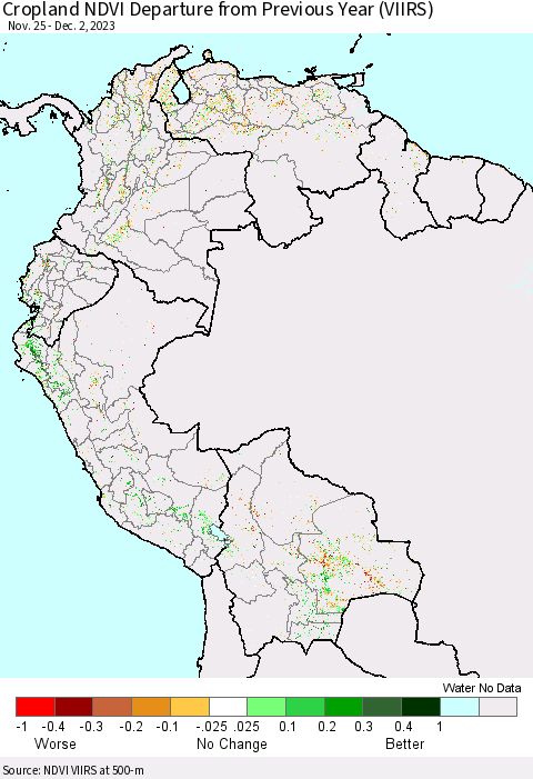 Northern South America Cropland NDVI Departure from Previous Year (VIIRS) Thematic Map For 11/25/2023 - 12/2/2023