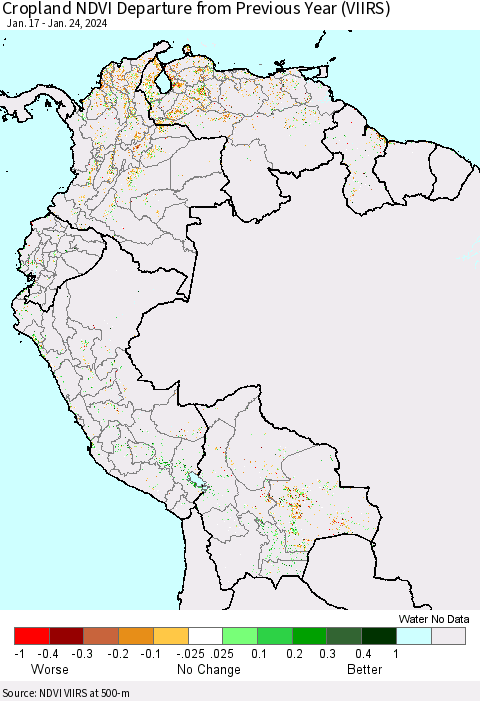 Northern South America Cropland NDVI Departure from Previous Year (VIIRS) Thematic Map For 1/17/2024 - 1/24/2024