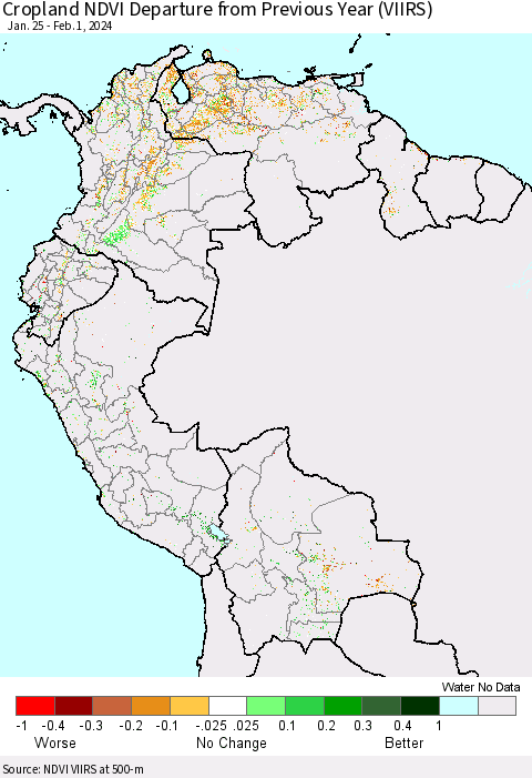 Northern South America Cropland NDVI Departure from Previous Year (VIIRS) Thematic Map For 1/25/2024 - 2/1/2024