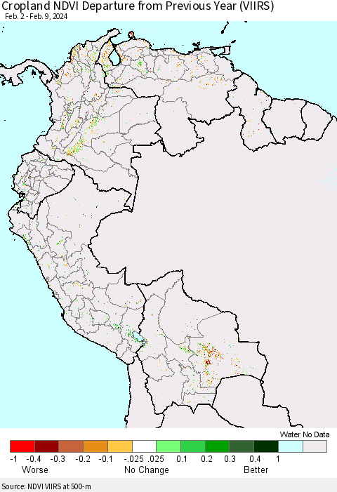 Northern South America Cropland NDVI Departure from Previous Year (VIIRS) Thematic Map For 2/2/2024 - 2/9/2024