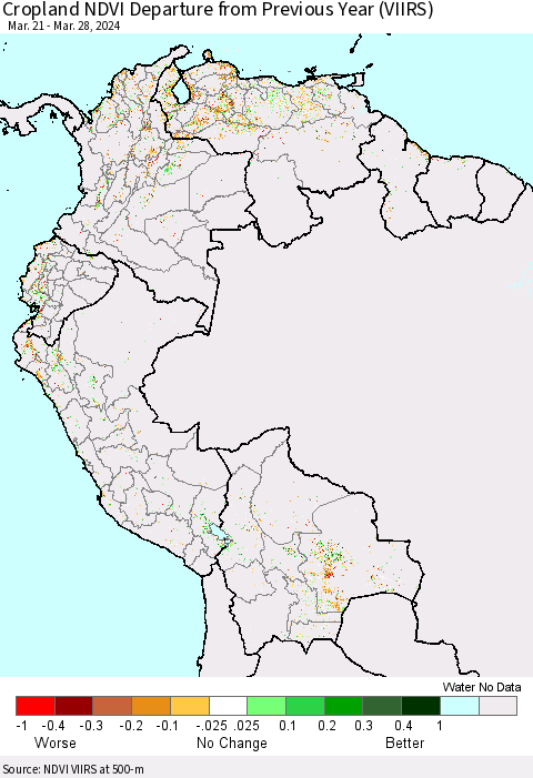 Northern South America Cropland NDVI Departure from Previous Year (VIIRS) Thematic Map For 3/21/2024 - 3/28/2024