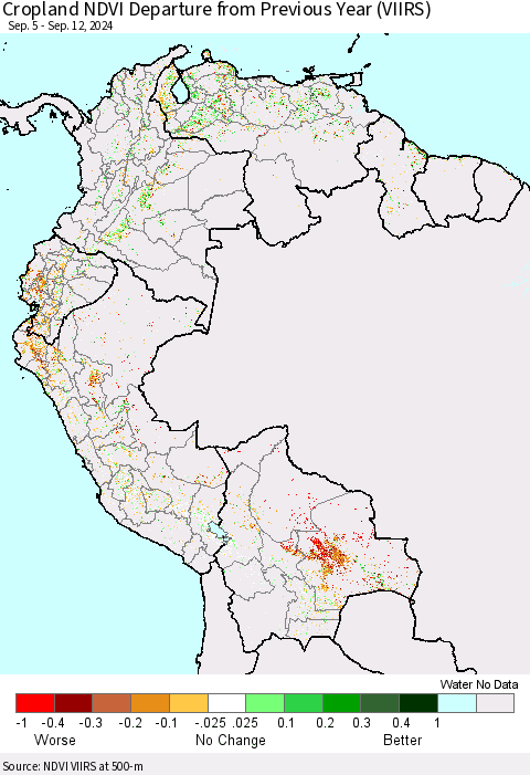 Northern South America Cropland NDVI Departure from Previous Year (VIIRS) Thematic Map For 9/5/2024 - 9/12/2024