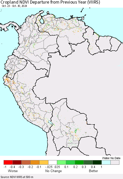 Northern South America Cropland NDVI Departure from Previous Year (VIIRS) Thematic Map For 10/23/2024 - 10/30/2024