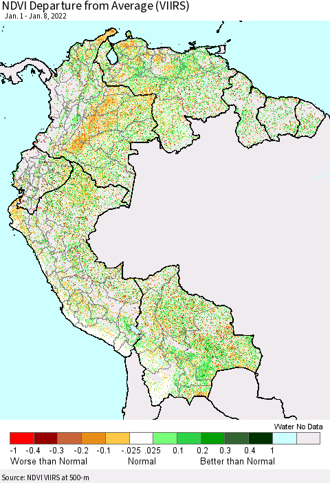 Northern South America NDVI Departure from Average (VIIRS) Thematic Map For 1/1/2022 - 1/8/2022