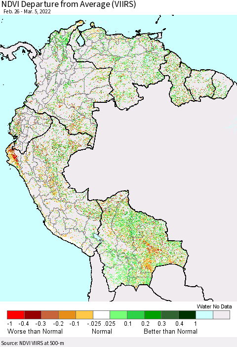 Northern South America NDVI Departure from Average (VIIRS) Thematic Map For 2/26/2022 - 3/5/2022