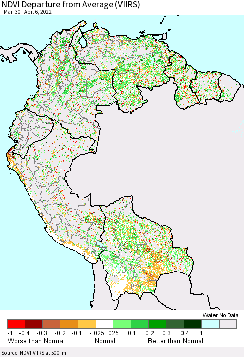 Northern South America NDVI Departure from Average (VIIRS) Thematic Map For 3/30/2022 - 4/6/2022