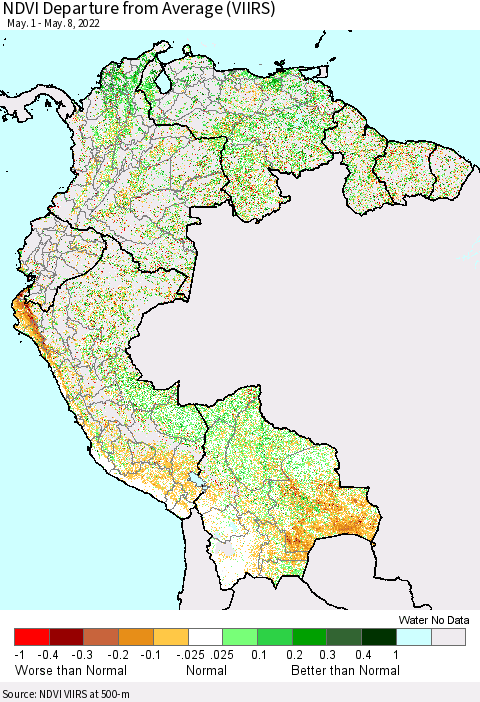 Northern South America NDVI Departure from Average (VIIRS) Thematic Map For 5/1/2022 - 5/8/2022