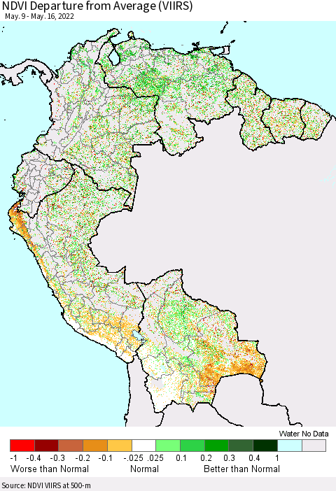 Northern South America NDVI Departure from Average (VIIRS) Thematic Map For 5/9/2022 - 5/16/2022