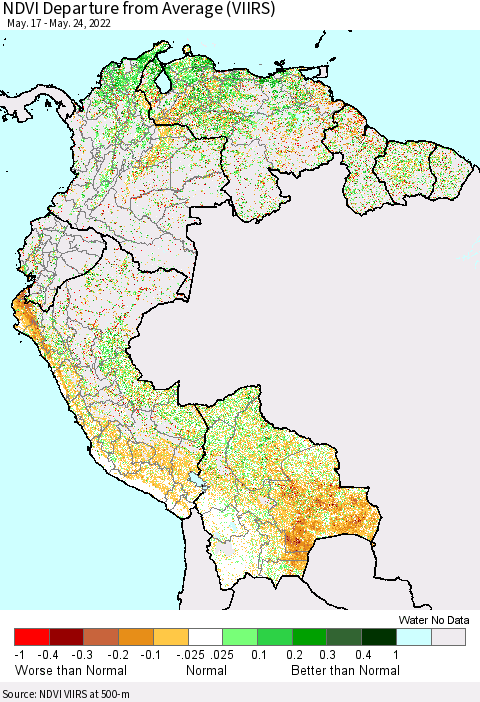 Northern South America NDVI Departure from Average (VIIRS) Thematic Map For 5/17/2022 - 5/24/2022
