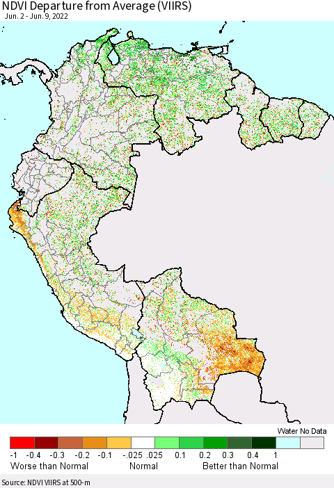 Northern South America NDVI Departure from Average (VIIRS) Thematic Map For 6/2/2022 - 6/9/2022