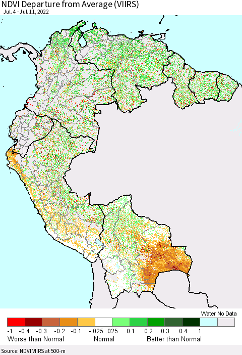 Northern South America NDVI Departure from Average (VIIRS) Thematic Map For 7/4/2022 - 7/11/2022
