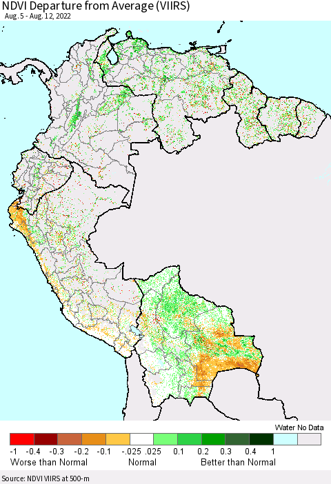 Northern South America NDVI Departure from Average (VIIRS) Thematic Map For 8/5/2022 - 8/12/2022
