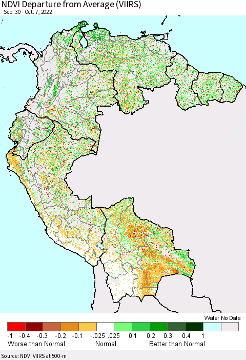 Northern South America NDVI Departure from Average (VIIRS) Thematic Map For 9/30/2022 - 10/7/2022