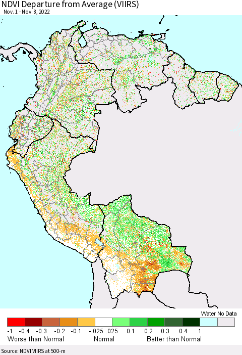 Northern South America NDVI Departure from Average (VIIRS) Thematic Map For 11/1/2022 - 11/8/2022
