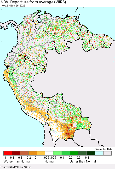 Northern South America NDVI Departure from Average (VIIRS) Thematic Map For 11/9/2022 - 11/16/2022