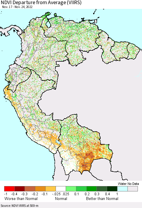 Northern South America NDVI Departure from Average (VIIRS) Thematic Map For 11/17/2022 - 11/24/2022