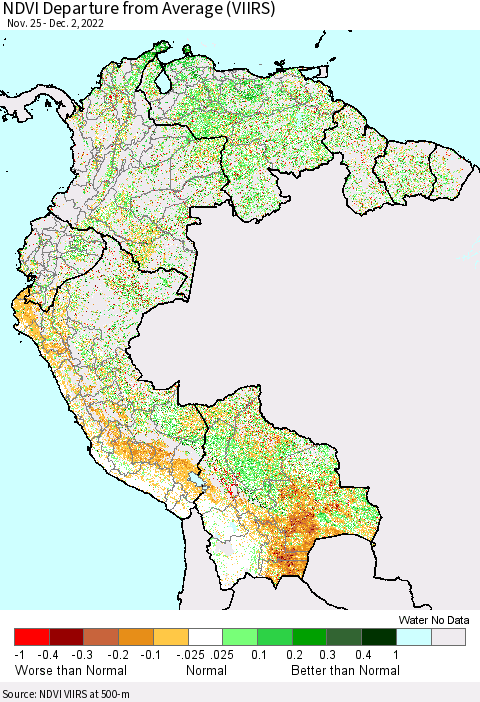Northern South America NDVI Departure from Average (VIIRS) Thematic Map For 11/25/2022 - 12/2/2022