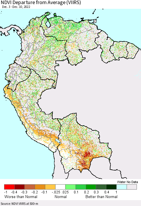 Northern South America NDVI Departure from Average (VIIRS) Thematic Map For 12/1/2022 - 12/10/2022