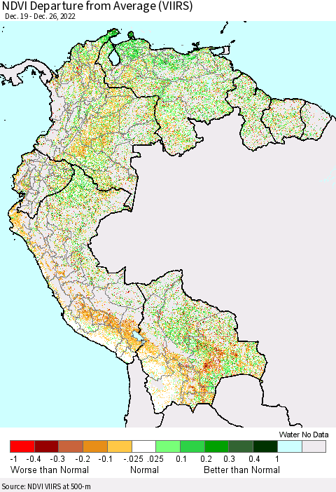 Northern South America NDVI Departure from Average (VIIRS) Thematic Map For 12/19/2022 - 12/26/2022