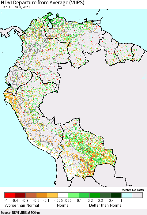 Northern South America NDVI Departure from Average (VIIRS) Thematic Map For 1/1/2023 - 1/8/2023