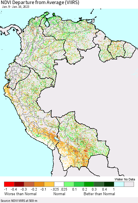 Northern South America NDVI Departure from Average (VIIRS) Thematic Map For 1/9/2023 - 1/16/2023