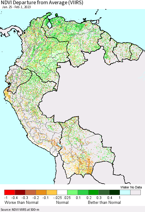 Northern South America NDVI Departure from Average (VIIRS) Thematic Map For 1/25/2023 - 2/1/2023