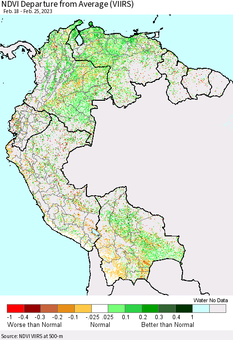 Northern South America NDVI Departure from Average (VIIRS) Thematic Map For 2/18/2023 - 2/25/2023