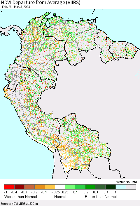 Northern South America NDVI Departure from Average (VIIRS) Thematic Map For 2/26/2023 - 3/5/2023