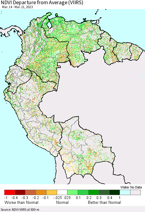 Northern South America NDVI Departure from Average (VIIRS) Thematic Map For 3/14/2023 - 3/21/2023