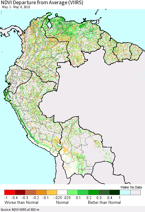 Northern South America NDVI Departure from Average (VIIRS) Thematic Map For 5/1/2023 - 5/8/2023
