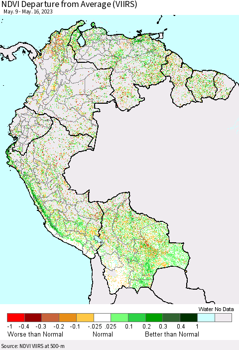 Northern South America NDVI Departure from Average (VIIRS) Thematic Map For 5/9/2023 - 5/16/2023